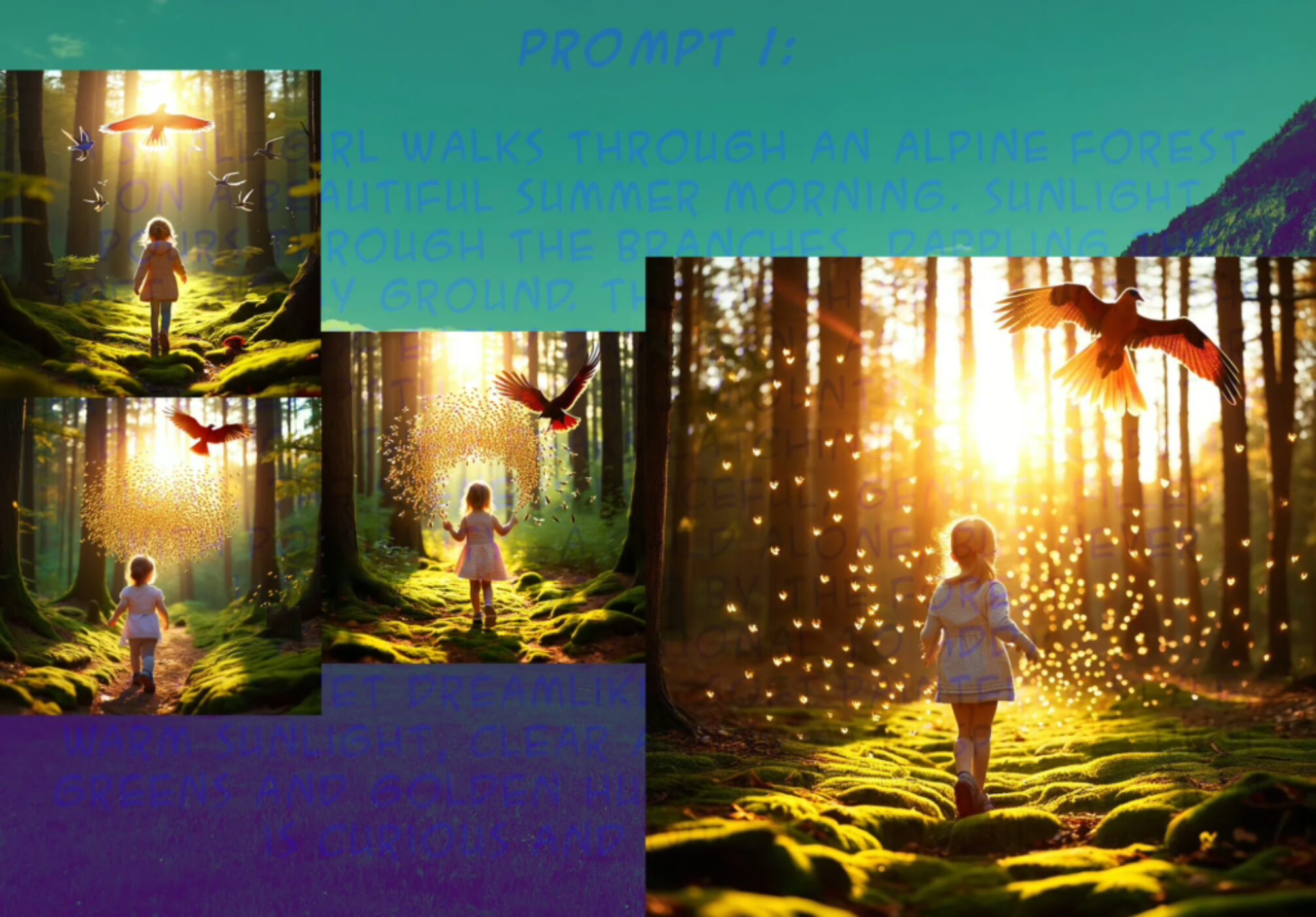 First imagemaking with Moya. Girl walking through a wood, accompanied by a red kite and the golden cloud that is Moya.